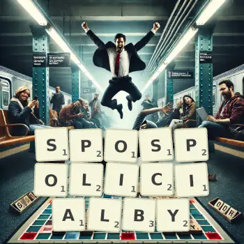 Kreatywna ilustracja do gry w Scrabble ze słowem SPOSPOLICIALBY ułożonym z płytek na planszy.