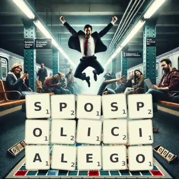 Kreatywna ilustracja do gry w Scrabble ze słowem SPOSPOLICIALEGO ułożonym z płytek na planszy.