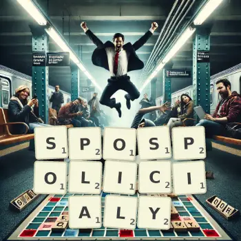 Kreatywna ilustracja do gry w Scrabble ze słowem SPOSPOLICIALY ułożonym z płytek na planszy.