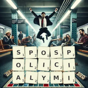 Kreatywna ilustracja do gry w Scrabble ze słowem SPOSPOLICIALYMI ułożonym z płytek na planszy.