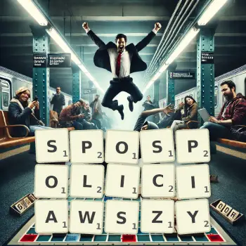 Kreatywna ilustracja do gry w Scrabble ze słowem SPOSPOLICIAWSZY ułożonym z płytek na planszy.