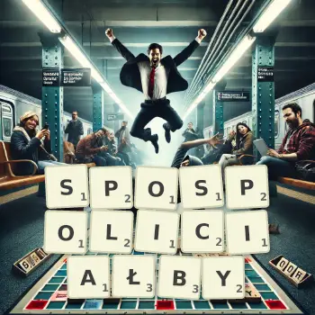 Kreatywna ilustracja do gry w Scrabble ze słowem SPOSPOLICIAŁBY ułożonym z płytek na planszy.