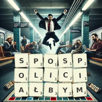 Kreatywna ilustracja do gry w Scrabble ze słowem SPOSPOLICIAŁBYM ułożonym z płytek na planszy.