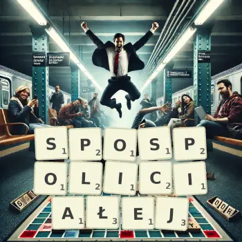 Kreatywna ilustracja do gry w Scrabble ze słowem SPOSPOLICIAŁEJ ułożonym z płytek na planszy.