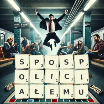 Kreatywna ilustracja do gry w Scrabble ze słowem SPOSPOLICIAŁEMU ułożonym z płytek na planszy.