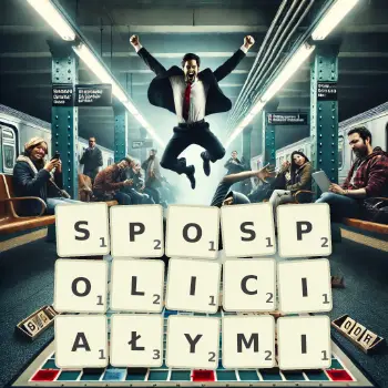 Kreatywna ilustracja do gry w Scrabble ze słowem SPOSPOLICIAŁYMI ułożonym z płytek na planszy.