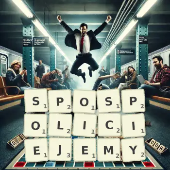 Kreatywna ilustracja do gry w Scrabble ze słowem SPOSPOLICIEJEMY ułożonym z płytek na planszy.