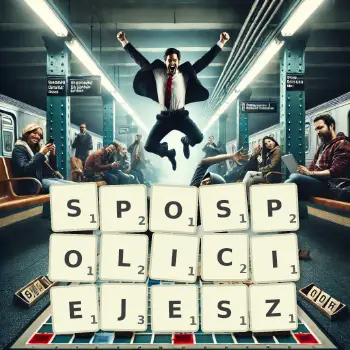 Kreatywna ilustracja do gry w Scrabble ze słowem SPOSPOLICIEJESZ ułożonym z płytek na planszy.