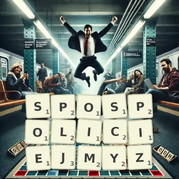 Kreatywna ilustracja do gry w Scrabble ze słowem SPOSPOLICIEJMYZ ułożonym z płytek na planszy.