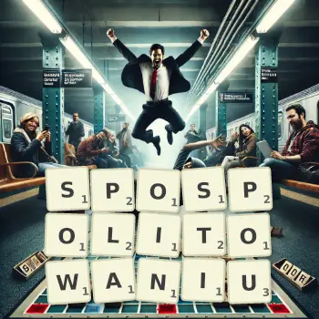 Kreatywna ilustracja do gry w Scrabble ze słowem SPOSPOLITOWANIU ułożonym z płytek na planszy.