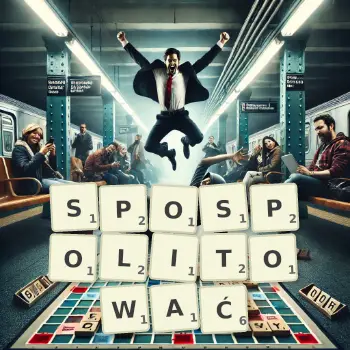 Kreatywna ilustracja do gry w Scrabble ze słowem SPOSPOLITOWAĆ ułożonym z płytek na planszy.