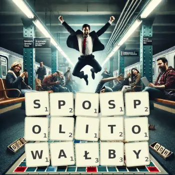 Kreatywna ilustracja do gry w Scrabble ze słowem SPOSPOLITOWAŁBY ułożonym z płytek na planszy.
