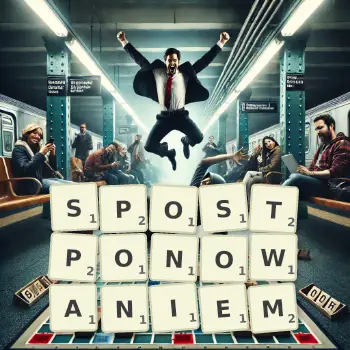 Kreatywna ilustracja do gry w Scrabble ze słowem SPOSTPONOWANIEM ułożonym z płytek na planszy.