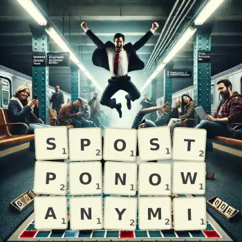 Kreatywna ilustracja do gry w Scrabble ze słowem SPOSTPONOWANYMI ułożonym z płytek na planszy.