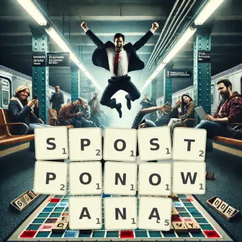 Kreatywna ilustracja do gry w Scrabble ze słowem SPOSTPONOWANĄ ułożonym z płytek na planszy.