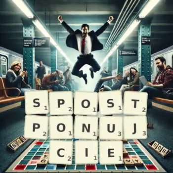 Kreatywna ilustracja do gry w Scrabble ze słowem SPOSTPONUJCIE ułożonym z płytek na planszy.