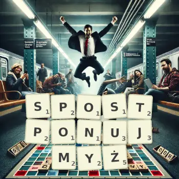 Kreatywna ilustracja do gry w Scrabble ze słowem SPOSTPONUJMYŻ ułożonym z płytek na planszy.