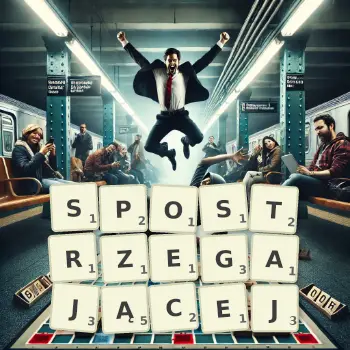Kreatywna ilustracja do gry w Scrabble ze słowem SPOSTRZEGAJĄCEJ ułożonym z płytek na planszy.
