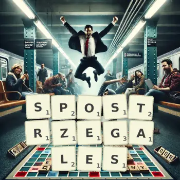 Kreatywna ilustracja do gry w Scrabble ze słowem SPOSTRZEGALES ułożonym z płytek na planszy.
