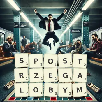 Kreatywna ilustracja do gry w Scrabble ze słowem SPOSTRZEGALOBYM ułożonym z płytek na planszy.