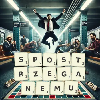 Kreatywna ilustracja do gry w Scrabble ze słowem SPOSTRZEGANEMU ułożonym z płytek na planszy.