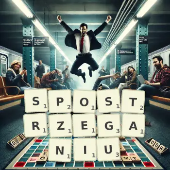 Kreatywna ilustracja do gry w Scrabble ze słowem SPOSTRZEGANIU ułożonym z płytek na planszy.
