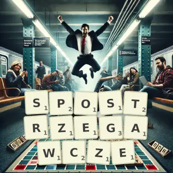 Kreatywna ilustracja do gry w Scrabble ze słowem SPOSTRZEGAWCZE ułożonym z płytek na planszy.