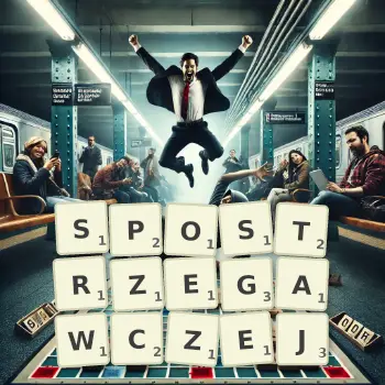 Kreatywna ilustracja do gry w Scrabble ze słowem SPOSTRZEGAWCZEJ ułożonym z płytek na planszy.