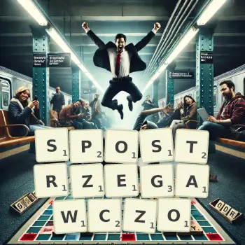 Kreatywna ilustracja do gry w Scrabble ze słowem SPOSTRZEGAWCZO ułożonym z płytek na planszy.