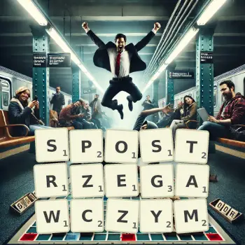 Kreatywna ilustracja do gry w Scrabble ze słowem SPOSTRZEGAWCZYM ułożonym z płytek na planszy.