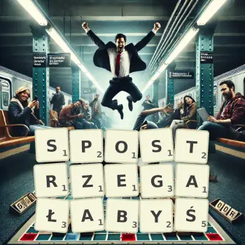 Kreatywna ilustracja do gry w Scrabble ze słowem SPOSTRZEGAŁABYŚ ułożonym z płytek na planszy.