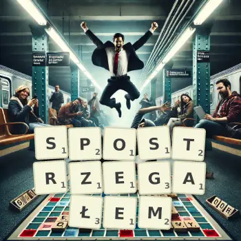 Kreatywna ilustracja do gry w Scrabble ze słowem SPOSTRZEGAŁEM ułożonym z płytek na planszy.