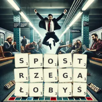 Kreatywna ilustracja do gry w Scrabble ze słowem SPOSTRZEGAŁOBYŚ ułożonym z płytek na planszy.
