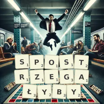Kreatywna ilustracja do gry w Scrabble ze słowem SPOSTRZEGAŁYBY ułożonym z płytek na planszy.