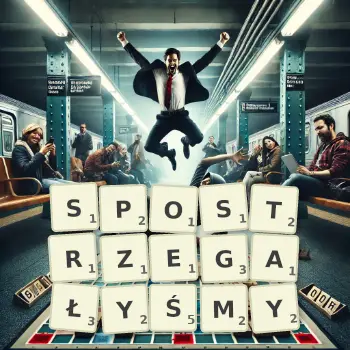 Kreatywna ilustracja do gry w Scrabble ze słowem SPOSTRZEGAŁYŚMY ułożonym z płytek na planszy.