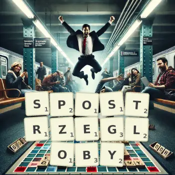 Kreatywna ilustracja do gry w Scrabble ze słowem SPOSTRZEGLOBY ułożonym z płytek na planszy.