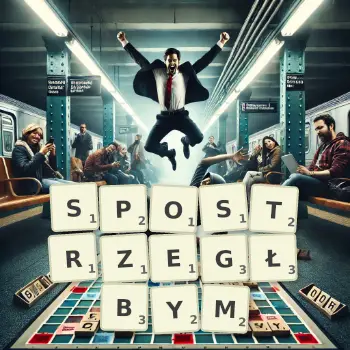Kreatywna ilustracja do gry w Scrabble ze słowem SPOSTRZEGŁBYM ułożonym z płytek na planszy.