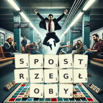 Kreatywna ilustracja do gry w Scrabble ze słowem SPOSTRZEGŁOBY ułożonym z płytek na planszy.