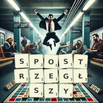 Kreatywna ilustracja do gry w Scrabble ze słowem SPOSTRZEGŁSZY ułożonym z płytek na planszy.