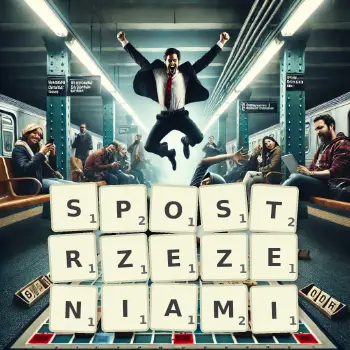 Kreatywna ilustracja do gry w Scrabble ze słowem SPOSTRZEZENIAMI ułożonym z płytek na planszy.