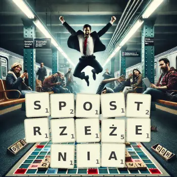 Kreatywna ilustracja do gry w Scrabble ze słowem SPOSTRZEŻENIA ułożonym z płytek na planszy.