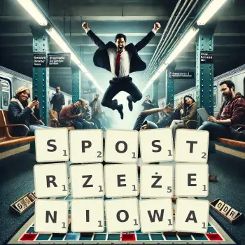Kreatywna ilustracja do gry w Scrabble ze słowem SPOSTRZEŻENIOWA ułożonym z płytek na planszy.