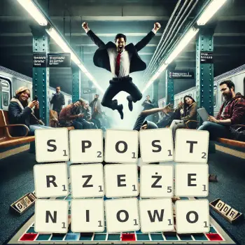 Kreatywna ilustracja do gry w Scrabble ze słowem SPOSTRZEŻENIOWO ułożonym z płytek na planszy.