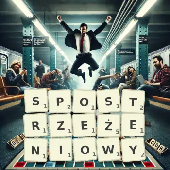 Kreatywna ilustracja do gry w Scrabble ze słowem SPOSTRZEŻENIOWY ułożonym z płytek na planszy.