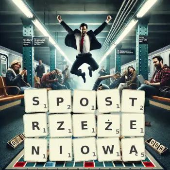 Kreatywna ilustracja do gry w Scrabble ze słowem SPOSTRZEŻENIOWĄ ułożonym z płytek na planszy.
