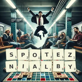 Kreatywna ilustracja do gry w Scrabble ze słowem SPOTEZNIALBY ułożonym z płytek na planszy.