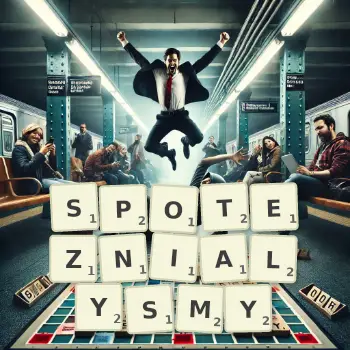 Kreatywna ilustracja do gry w Scrabble ze słowem SPOTEZNIALYSMY ułożonym z płytek na planszy.