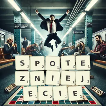 Kreatywna ilustracja do gry w Scrabble ze słowem SPOTEZNIEJECIE ułożonym z płytek na planszy.