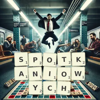 Kreatywna ilustracja do gry w Scrabble ze słowem SPOTKANIOWYCH ułożonym z płytek na planszy.