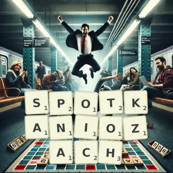 Kreatywna ilustracja do gry w Scrabble ze słowem SPOTKANIOZACH ułożonym z płytek na planszy.